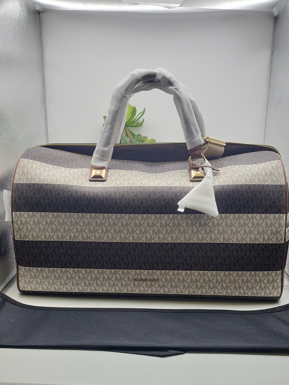 Michael Kors Beige and Brown Striped MK Logo Duffel